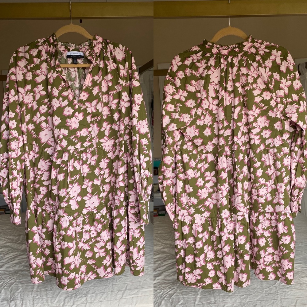 Eloquii Floral Peasant Dress - Olive Green w/ Pink Floral - Size 14/16 NWOT